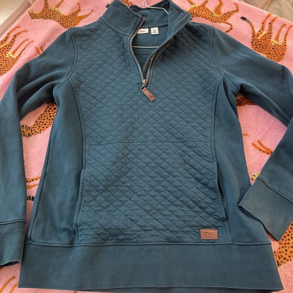 L.L. Bean Diamond Quilted 1/4 Zip Teal Women's Sweatshirt with Pockets XS - Picture 1 of 16